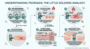Minimalist medical infographic titled "Understanding Psoriasis: The Little Soldiers Analogy," illustrating how a confused immune system triggers hyper-speed skin production and plaques across four developmental stages.