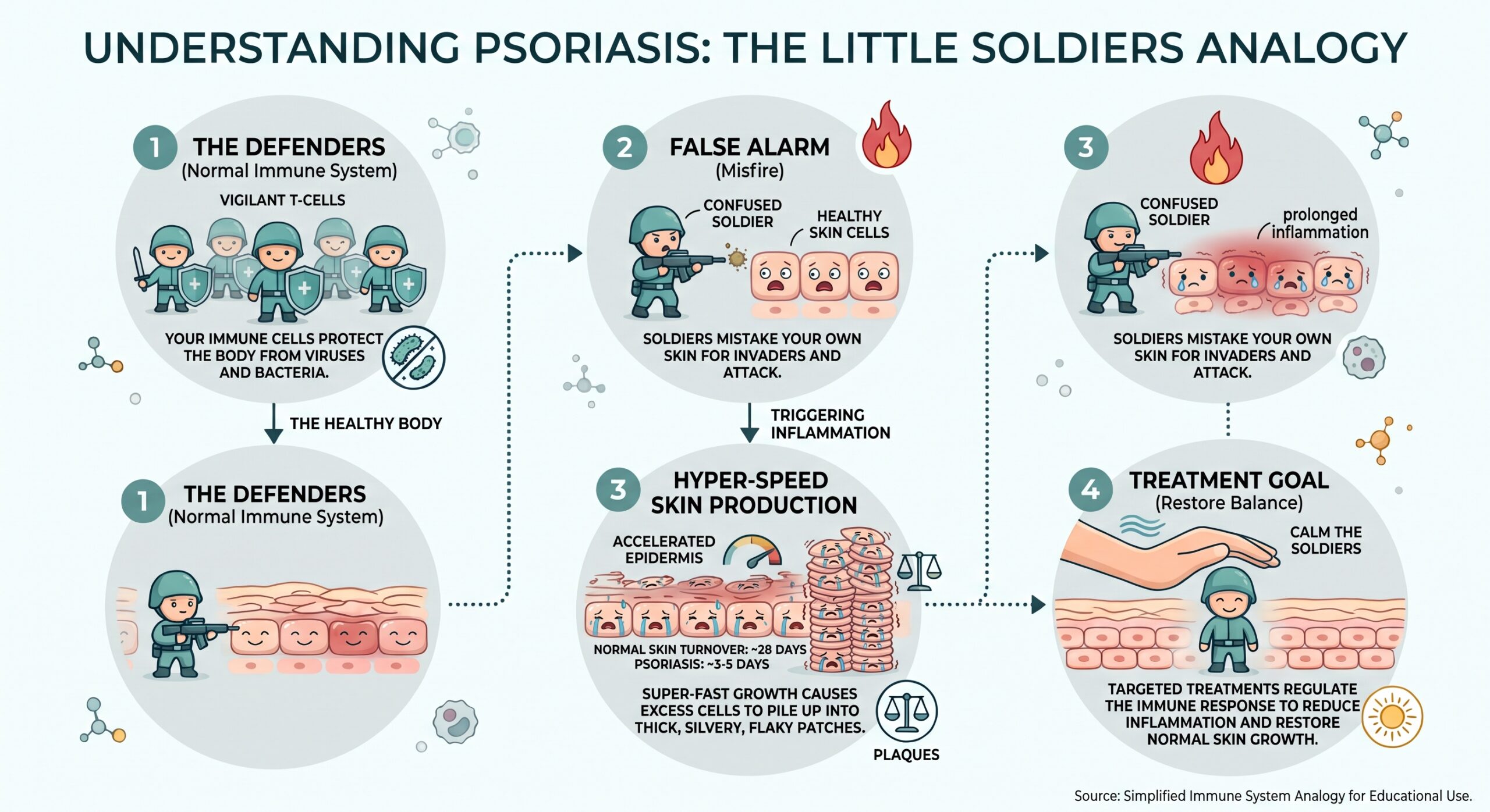 Illustration of immune cells as little soldiers mistakenly attacking healthy skin cells in psoriasis