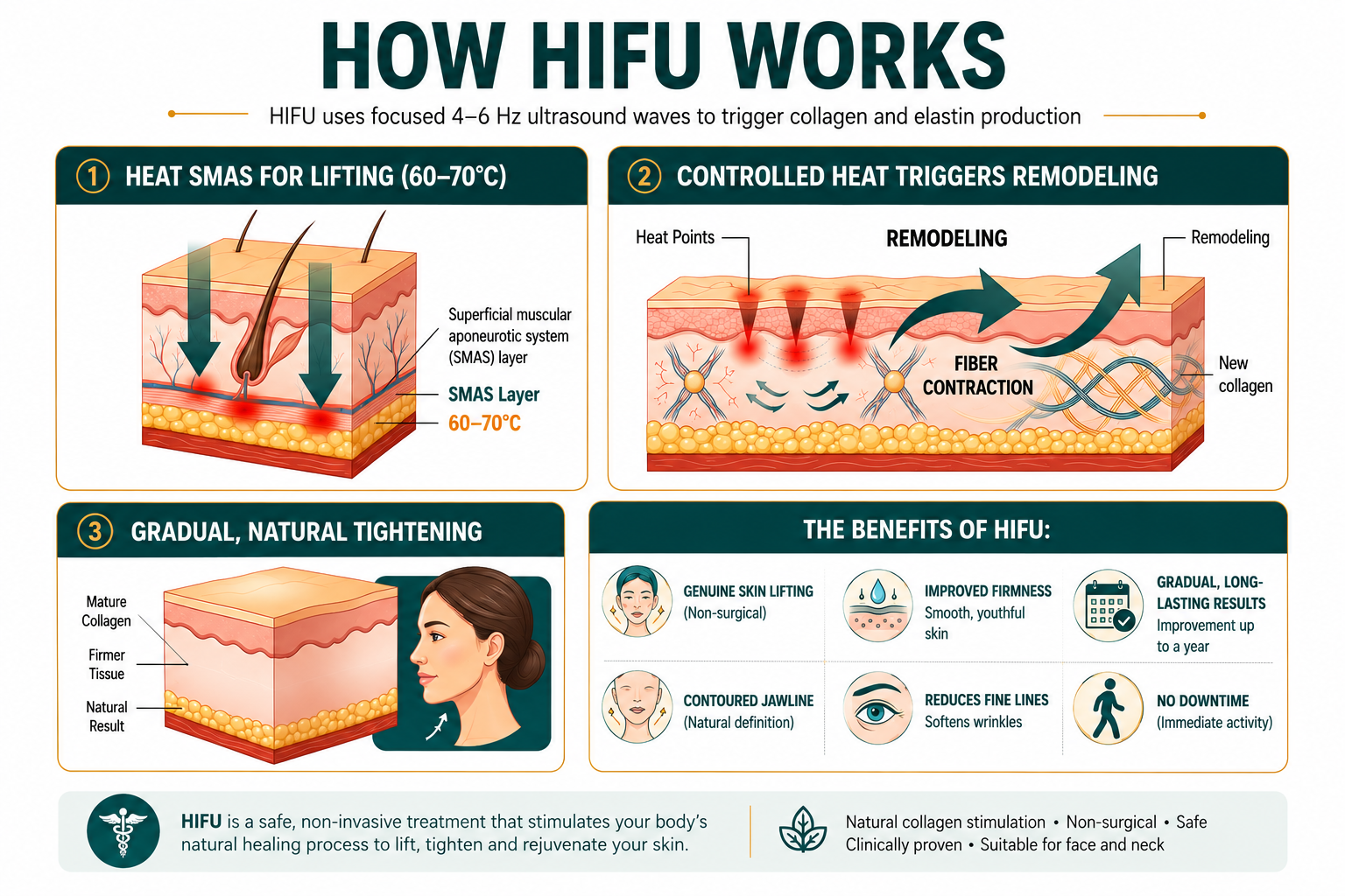 How HIFU works — focused ultrasound heats the SMAS layer to 60–70°C, triggering collagen remodelling for gradual, natural skin lifting and tightening