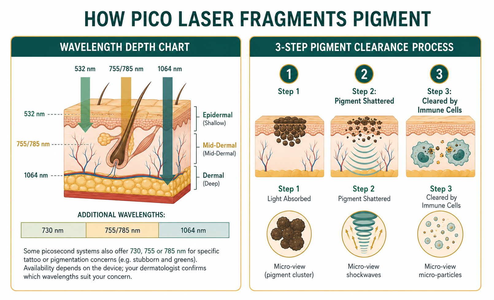 Pico laser Malaysia infographic showing how picosecond laser fragments pigment — a wavelength depth chart (532 nm, 755/785 nm, 1064 nm reaching epidermal, mid-dermal and dermal skin layers) and the 3-step pigment clearance process: light absorbed, pigment shattered, then cleared by the body's immune cells — Loh & Celine Skin Specialist Clinic, Alor Setar, Kedah.