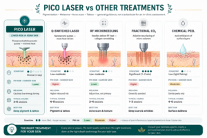 Comparison chart: Pico laser vs Q-switched laser, RF microneedling, fractional CO2 and chemical peel for pigmentation, melasma, acne scars and tattoo removal — downtime, PIH risk in Asian skin and typical sessions