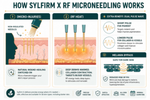 nfographic illustrating how Sylfirm X RF microneedling works through micro-injuries, radiofrequency heat, and melanin bypass for safe treatment on dark skin tones, provided by Loh & Celine Skin Specialist Clinic in Alor Setar, Kedah.