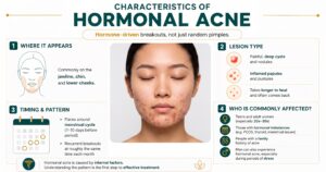 Characteristics of Hormonal Acne infographic detailing jawline breakouts, cystic lesions, and menstrual flare-ups, treated with targeted therapies like Winlevi clascoterone at Loh & Celine Skin Specialist Clinic.